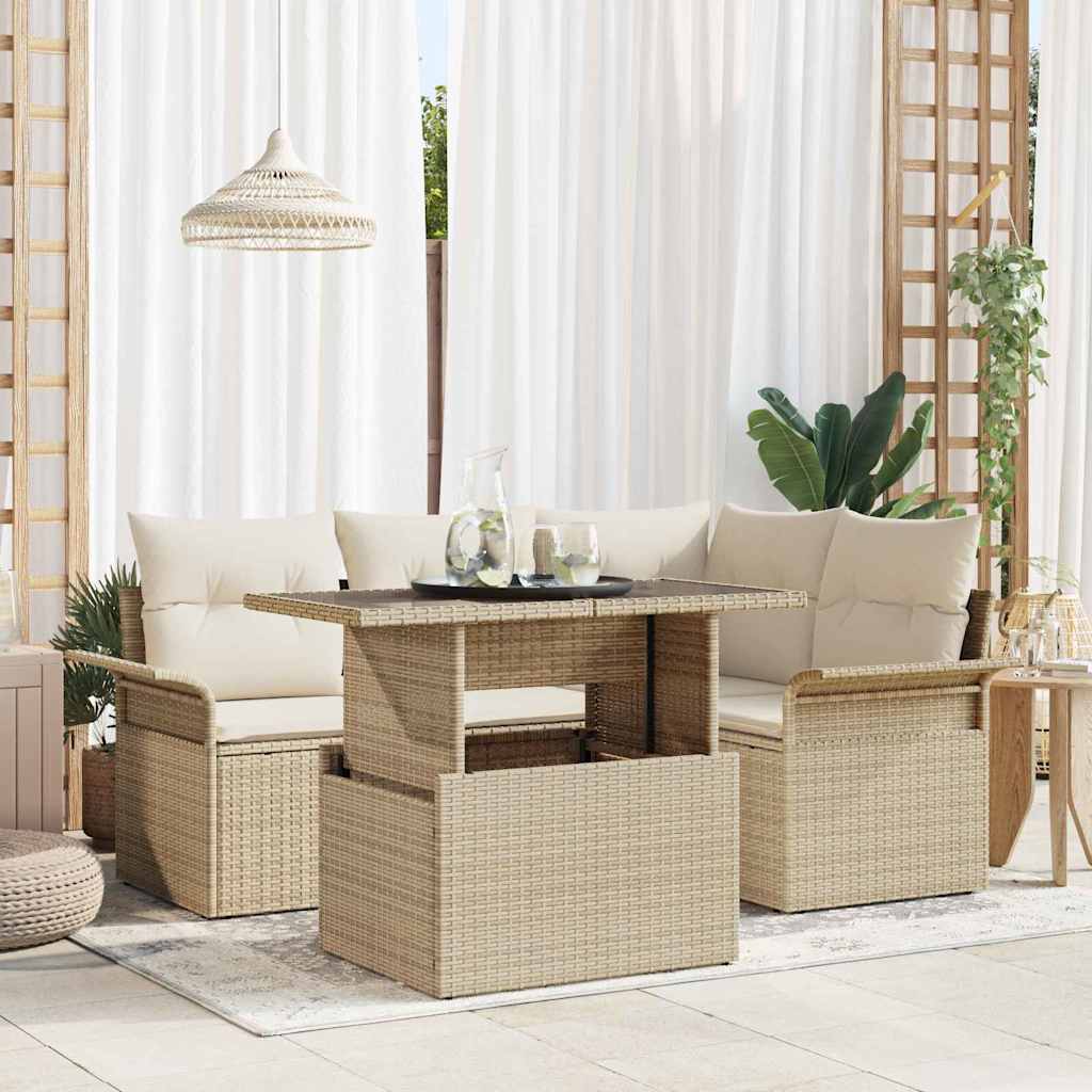 Tuin Sofa Set met kussen 5 pcs Beige Poly riet is nu te koop bij PeponiXL, paradijselijk wonen!