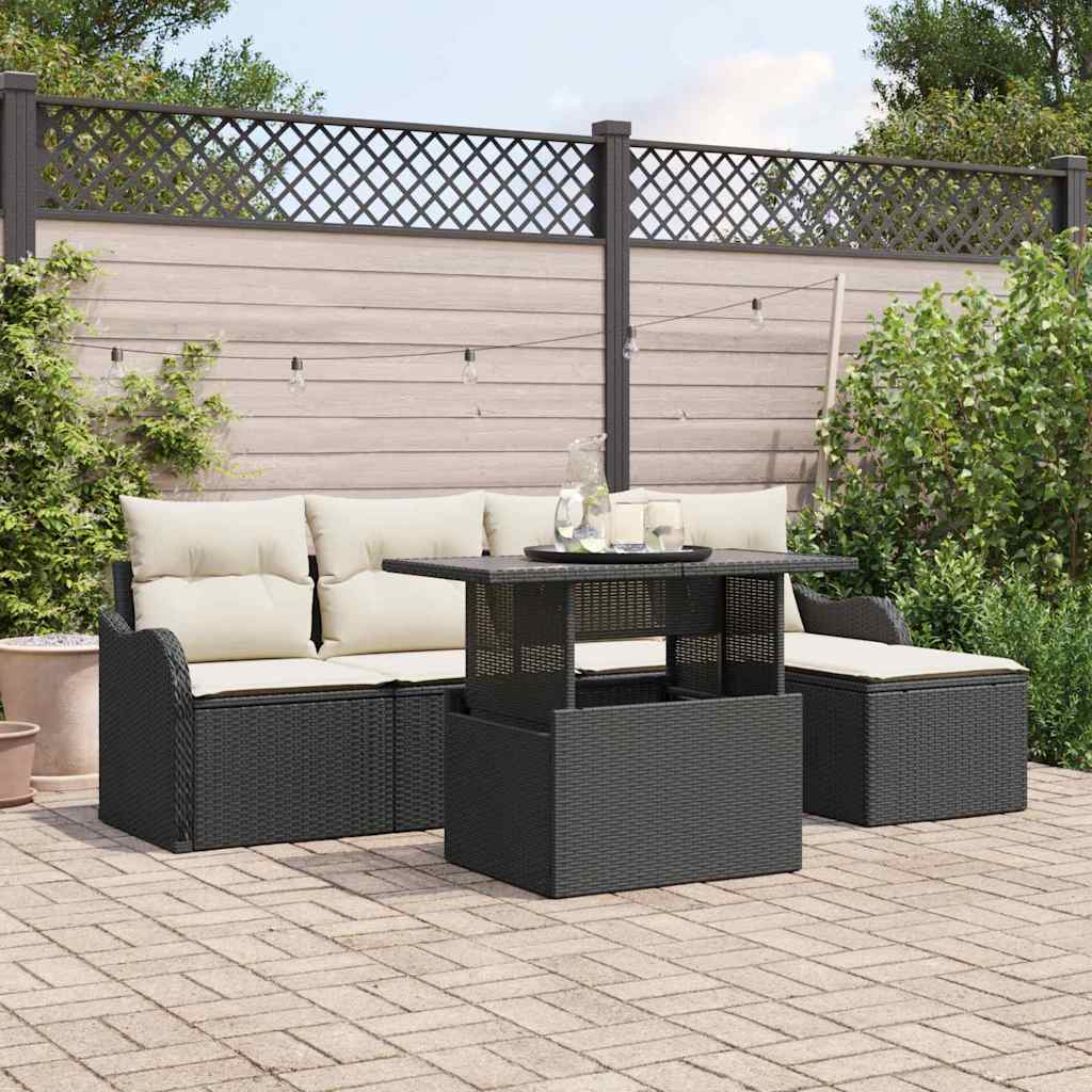 Buiten Zitmeubelset met kussen 6 pcs Zwart Poly riet is nu te koop bij PeponiXL, paradijselijk wonen!