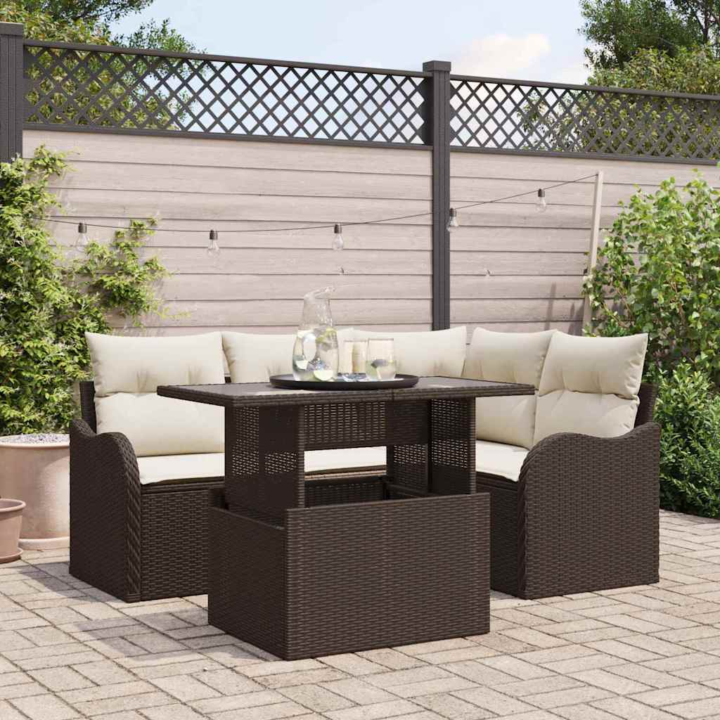 Buiten eetset met kussen 5 pcs Bruin Poly riet is nu te koop bij PeponiXL, paradijselijk wonen!