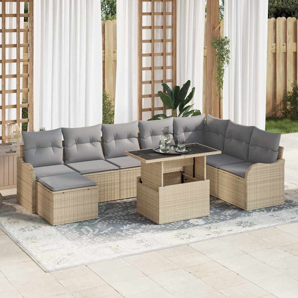 Tuin Sofa Set met kussen 9 pcs Beige Poly riet is nu te koop bij PeponiXL, paradijselijk wonen!