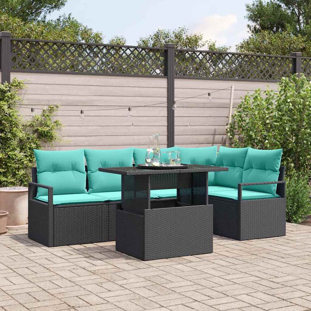 Tuin Sofa Set met kussen 6 pcs Zwart en Blauw poly rattan is nu te koop bij PeponiXL, paradijselijk wonen!