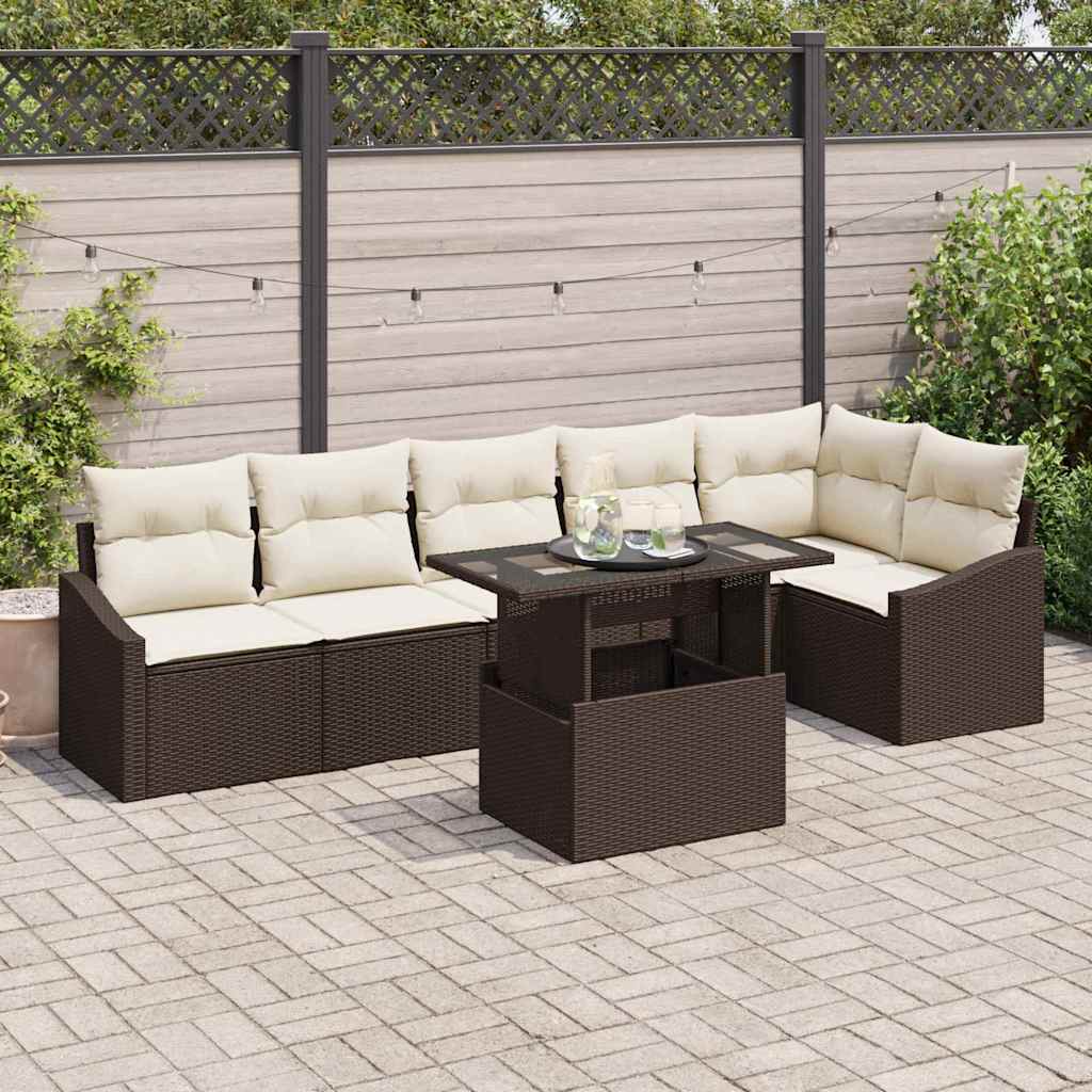 Tuin Sofa Set met kussen 7 pcs Bruin en Crème poly rattan is nu te koop bij PeponiXL, paradijselijk wonen!