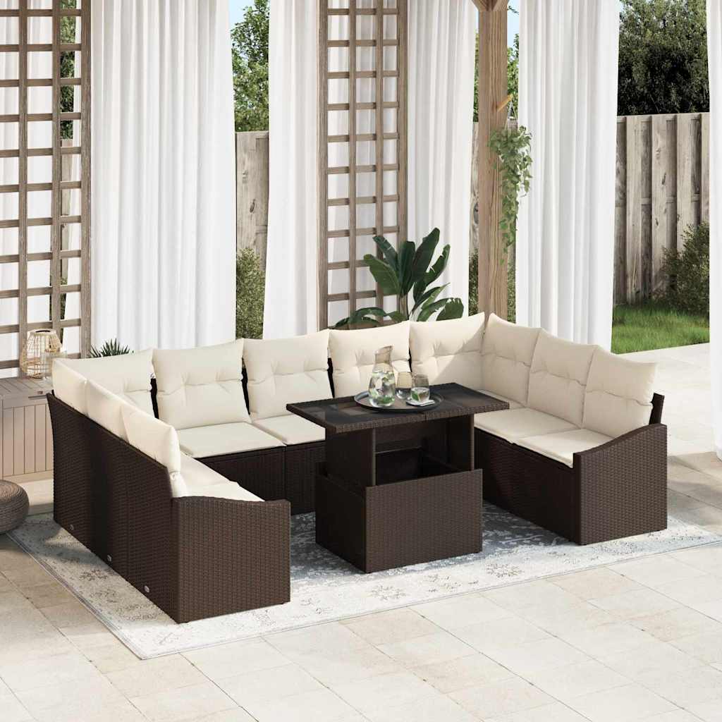 Bankstel met kussen 10 pcs Bruin en Crème poly rattan is nu te koop bij PeponiXL, paradijselijk wonen!