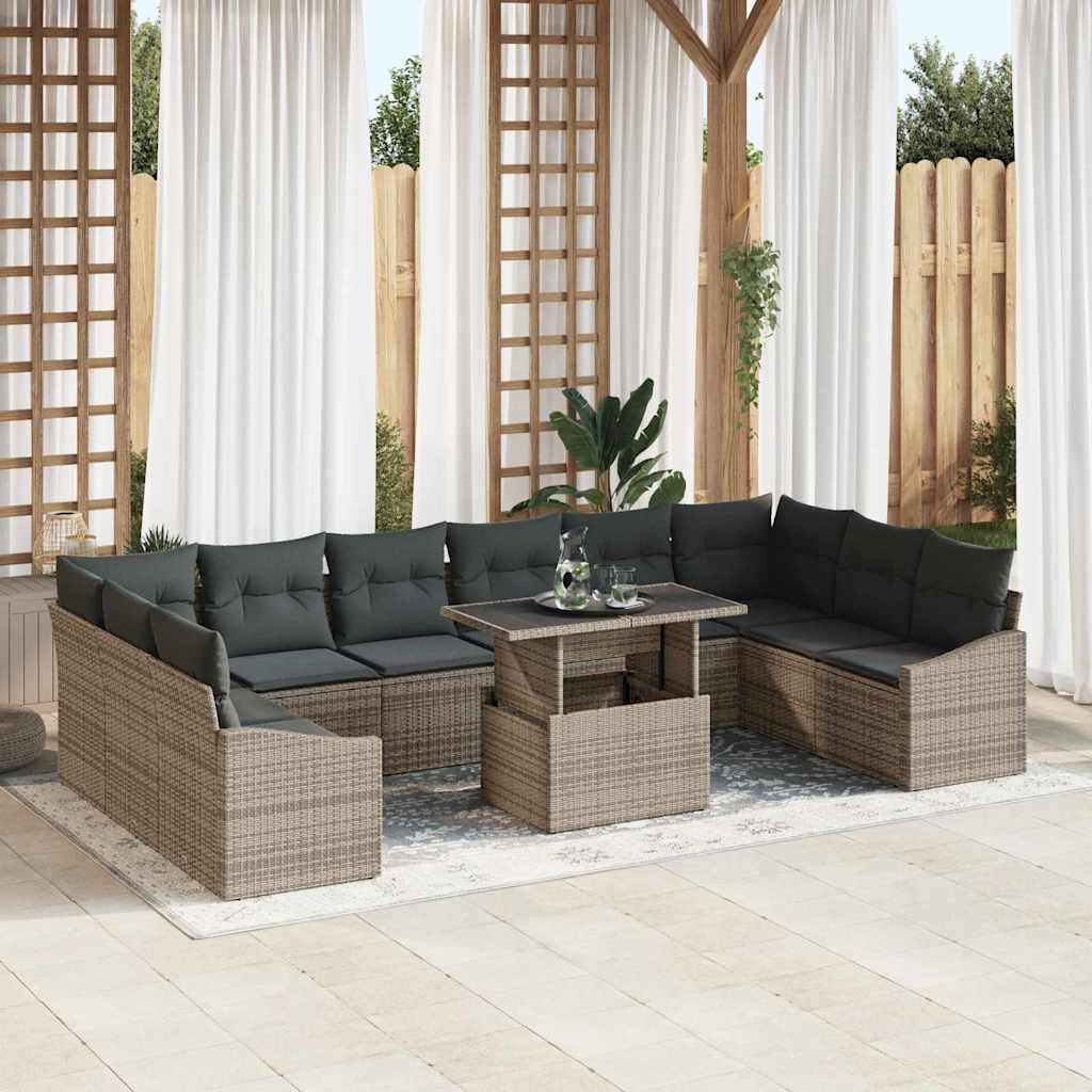 Bankstel met kussen 11 pcs Grijs poly rattan is nu te koop bij PeponiXL, paradijselijk wonen!
