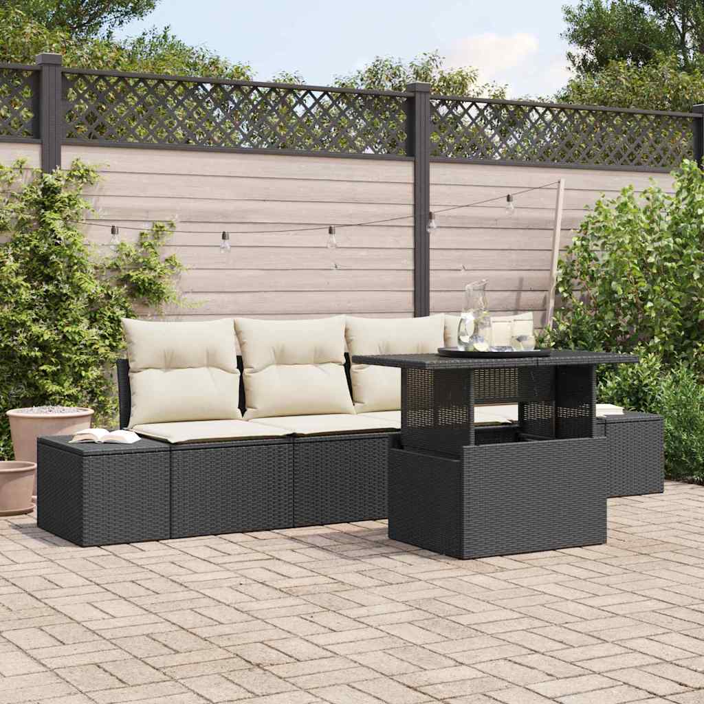 Bankstel met kussen 5 pcs Zwart en Crème poly rattan is nu te koop bij PeponiXL, paradijselijk wonen!