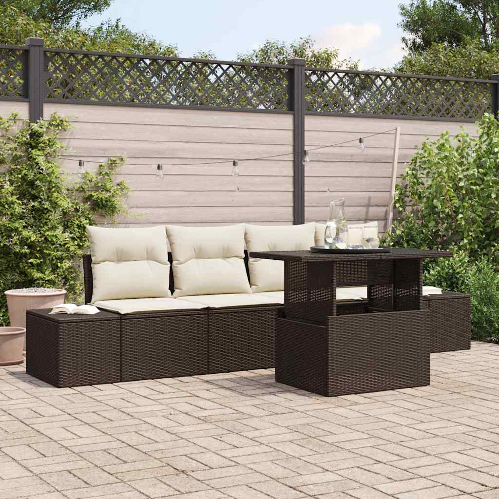 Bankstel met kussen 5 pcs Bruin en Crème poly rattan is nu te koop bij PeponiXL, paradijselijk wonen!