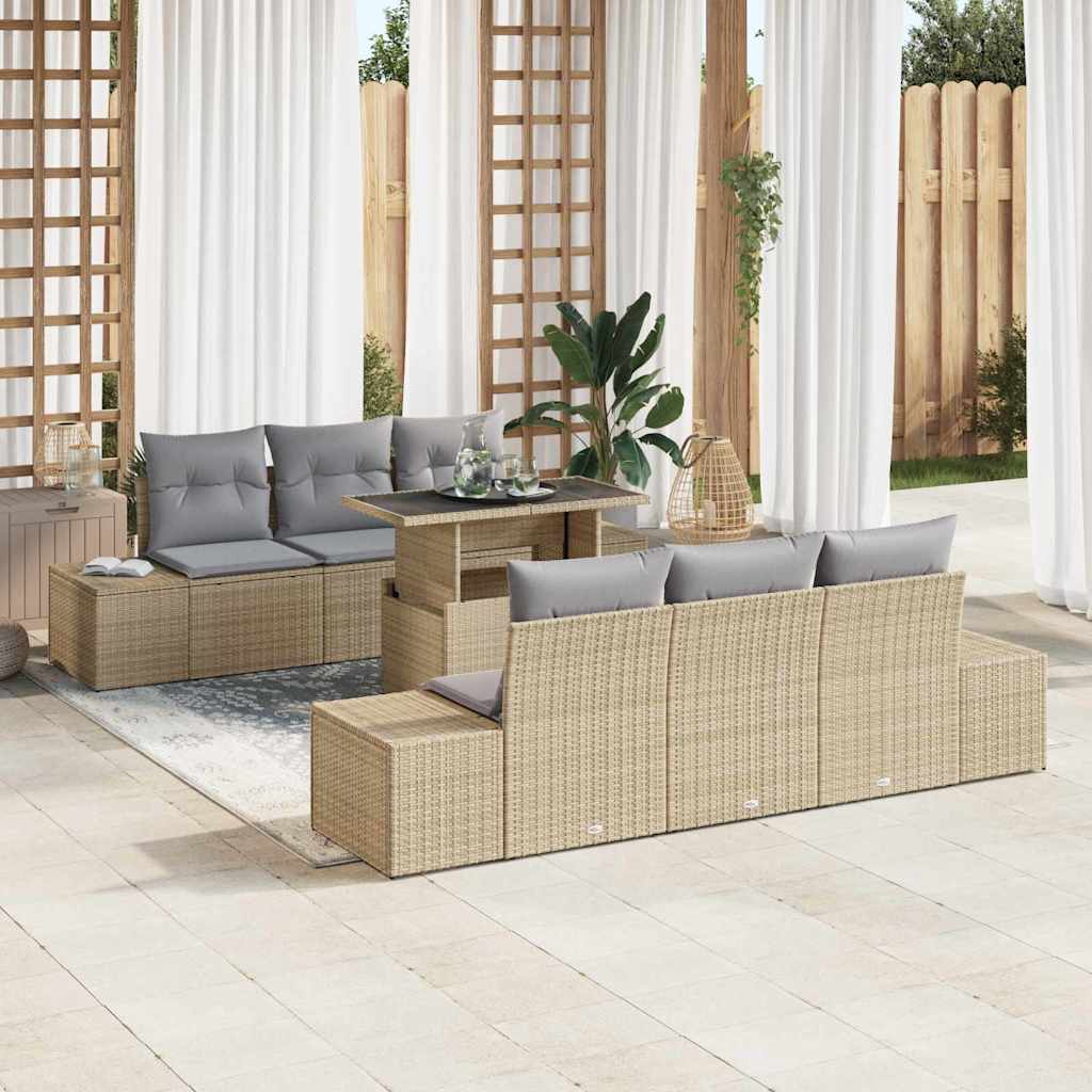 Bankstel met kussen 7 pcs Beige en Licht Grijs poly rattan is nu te koop bij PeponiXL, paradijselijk wonen!