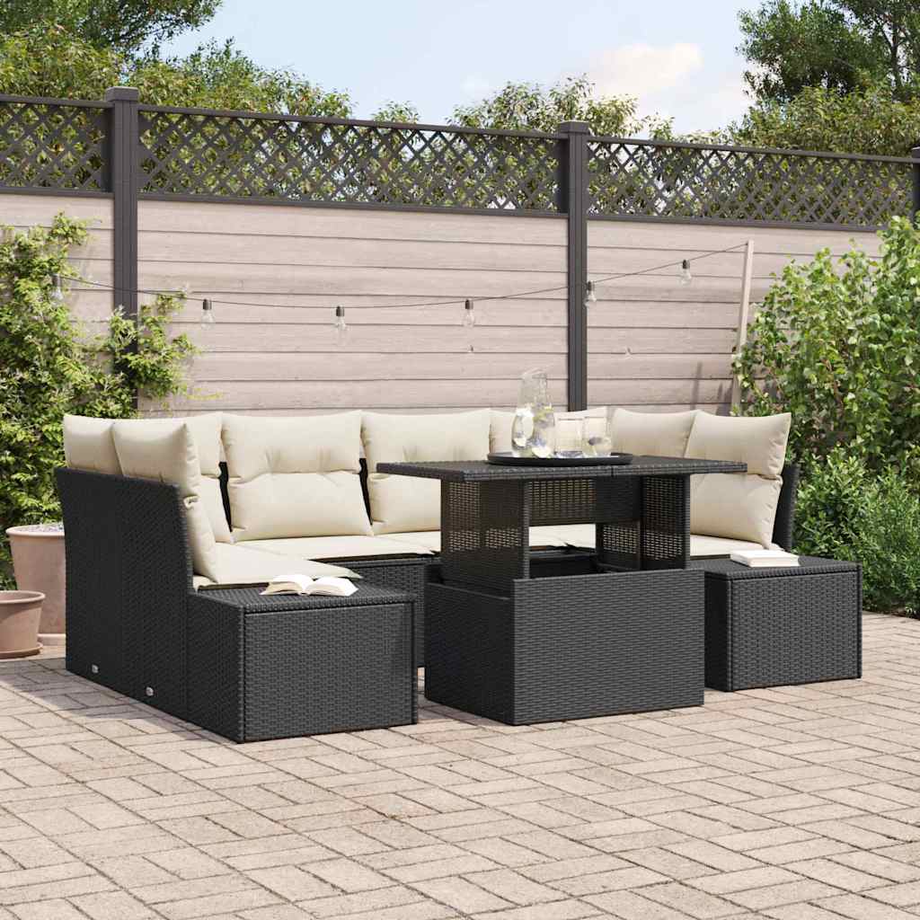 Bankstel met kussen 7 pcs Zwart en Crème poly rattan is nu te koop bij PeponiXL, paradijselijk wonen!