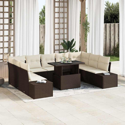 Tuin Sofa Set met kussen 10 pcs Bruin en Crème poly rattan is nu te koop bij PeponiXL, paradijselijk wonen!