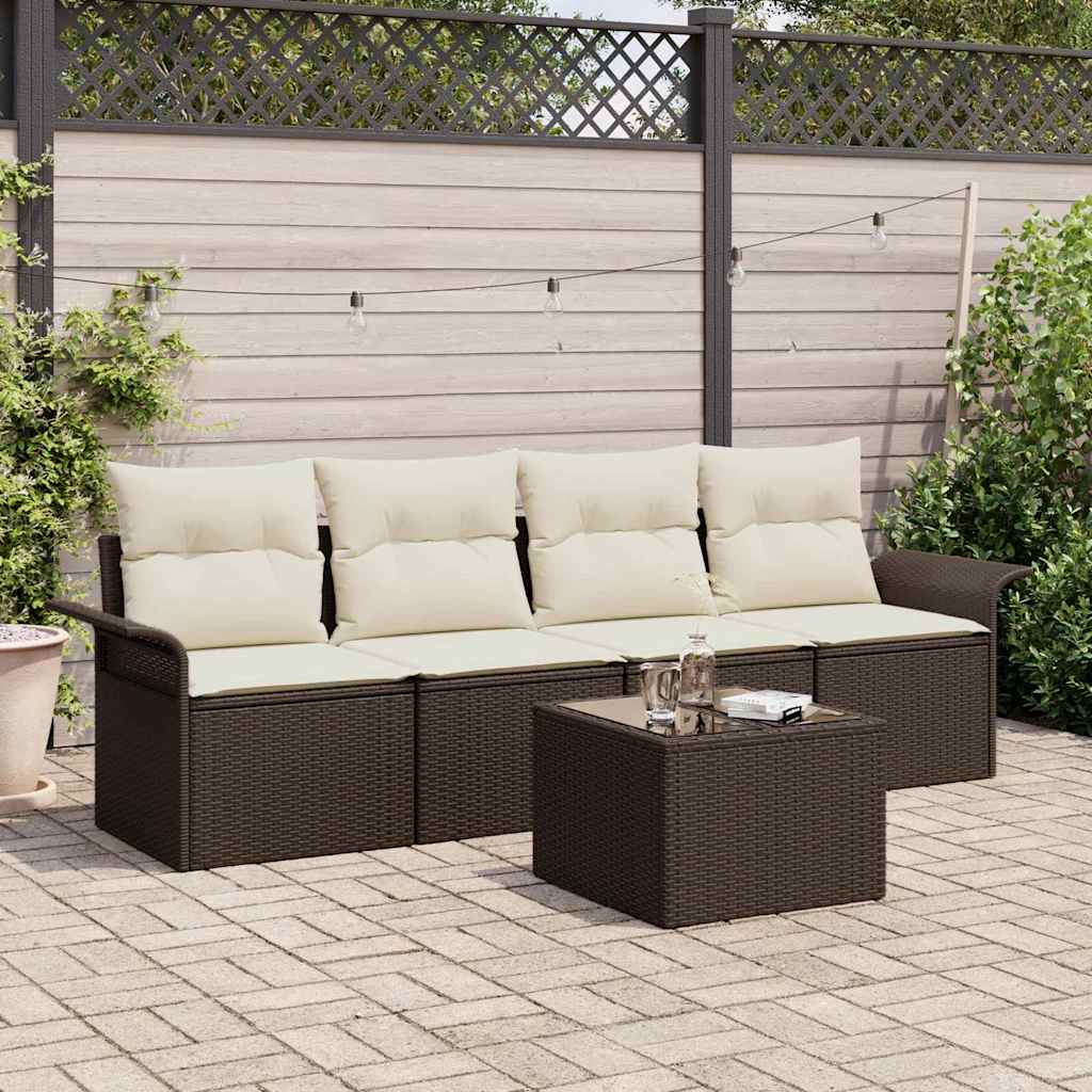 Tuin Sofa Set met kussen 5 pcs Bruin en Crème poly rattan is nu te koop bij PeponiXL, paradijselijk wonen!