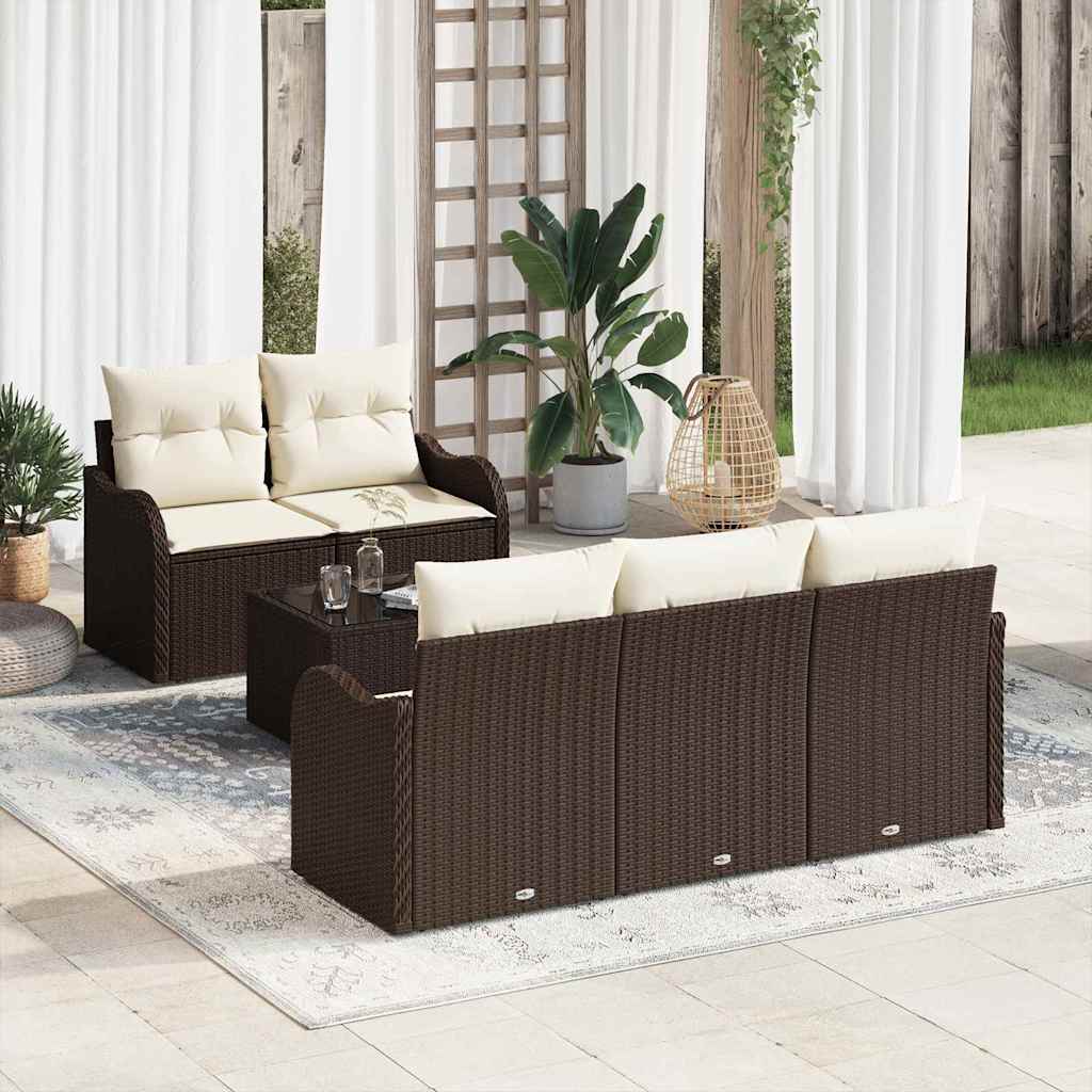 Tuin Sofa Set 6 pcs Bruin en Crème Poly rattan, staal en glas is nu te koop bij PeponiXL, paradijselijk wonen!
