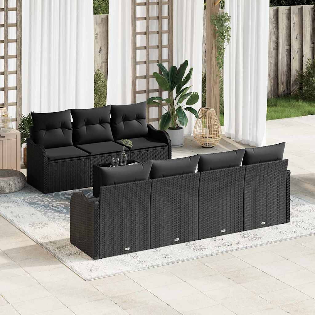 Tuin Sofa Set met kussen 8 pcs Zwart Poly Riet en Staal en Glas is nu te koop bij PeponiXL, paradijselijk wonen!