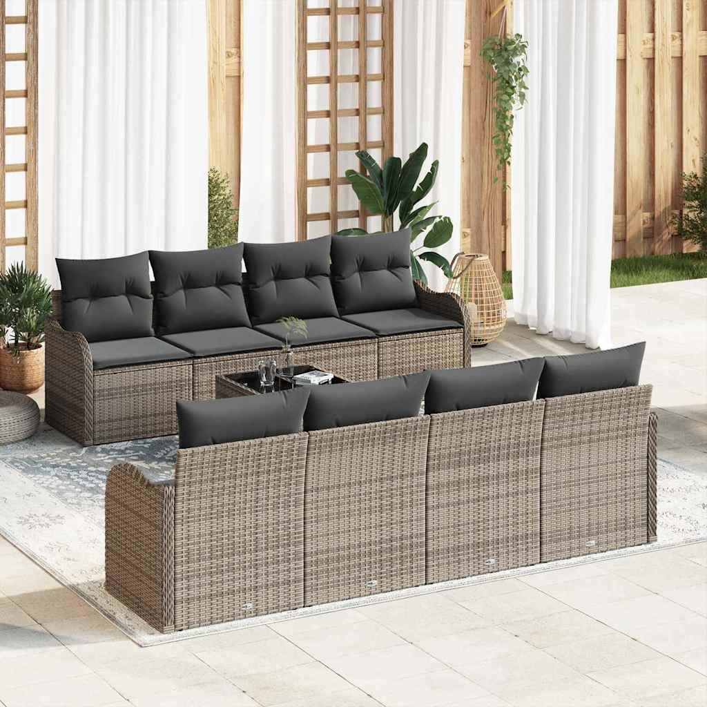 Tuin Sofa Set met kussen 9 pcs Grijs Poly Riet en Staal en Glas is nu te koop bij PeponiXL, paradijselijk wonen!