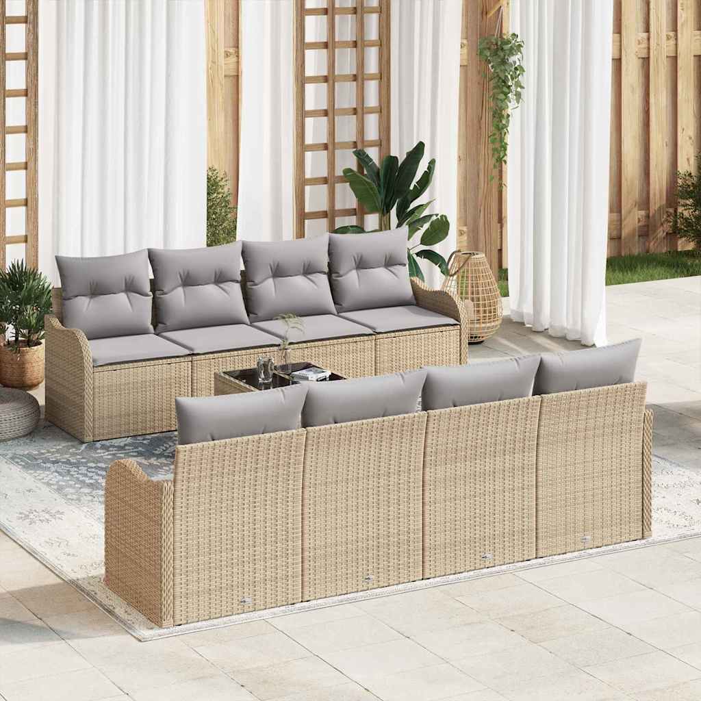 Tuin Sofa Set 9 pcs Beige en Grijs Poly Riet en Staal en Glas is nu te koop bij PeponiXL, paradijselijk wonen!