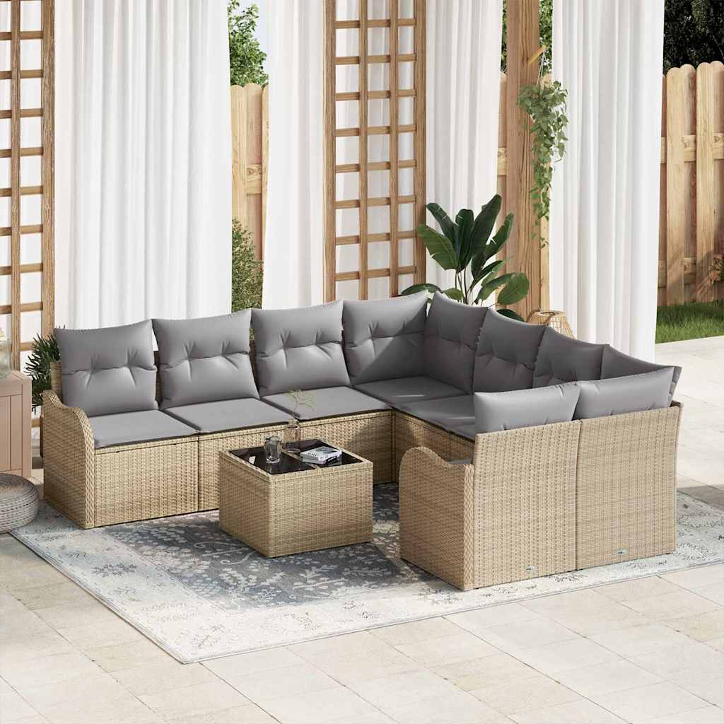 Tuin Sofa Set 9 pcs Beige en Grijs Poly Riet en Staal en Glas is nu te koop bij PeponiXL, paradijselijk wonen!