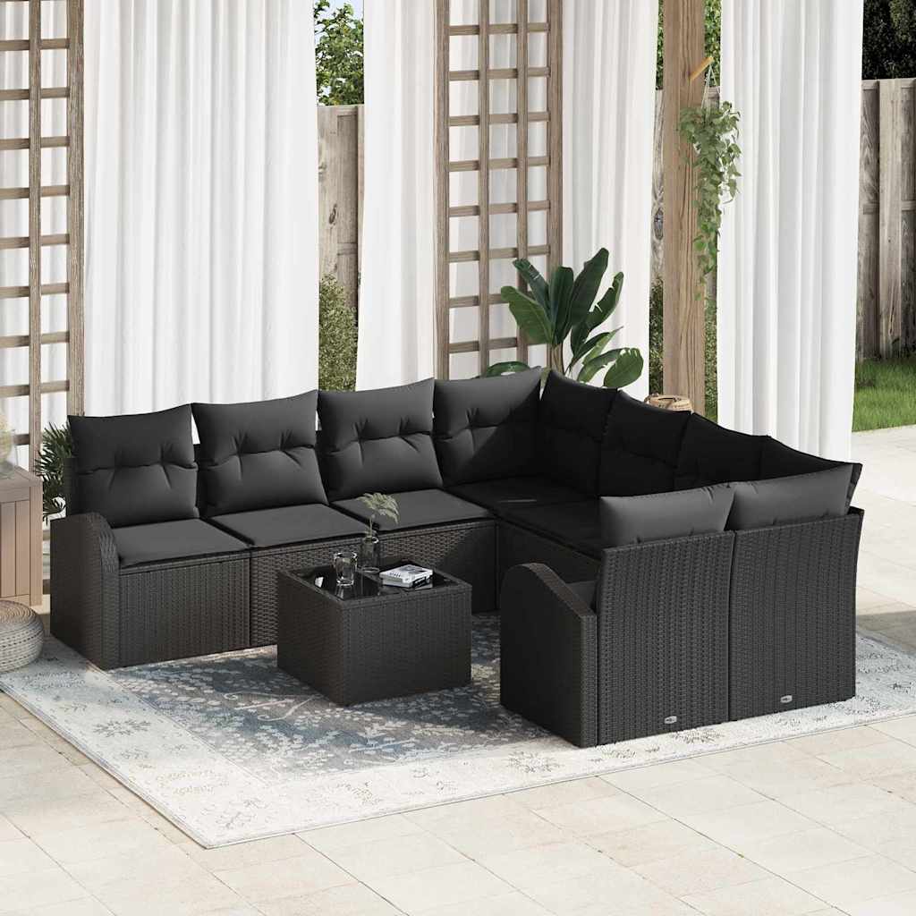 Bankstel met kussen met opslag 9 pcs Zwart poly rattan is nu te koop bij PeponiXL, paradijselijk wonen!