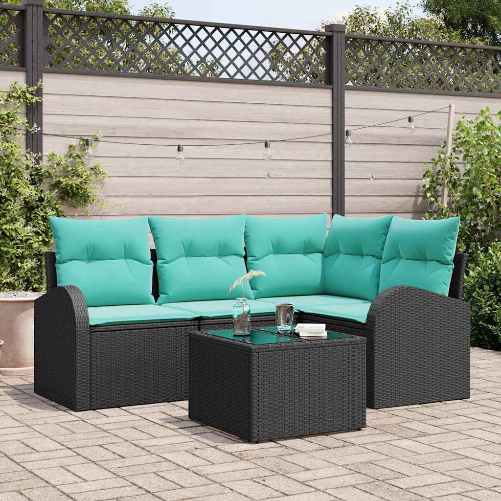 Tuinbankenset met kussen 5 pcs Zwart en Turquoise poly rattan is nu te koop bij PeponiXL, paradijselijk wonen!