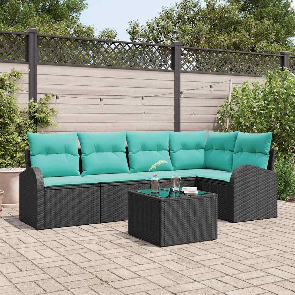 Tuinbankenset met kussen 6 pcs Zwart en Turquoise poly rattan is nu te koop bij PeponiXL, paradijselijk wonen!