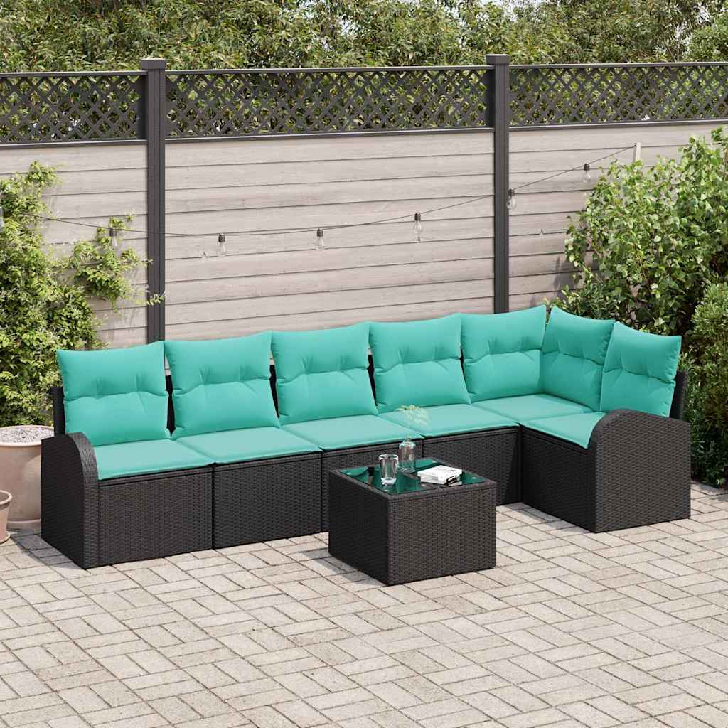 Tuinbankenset met kussen 7 pcs Zwart en Turquoise poly rattan is nu te koop bij PeponiXL, paradijselijk wonen!