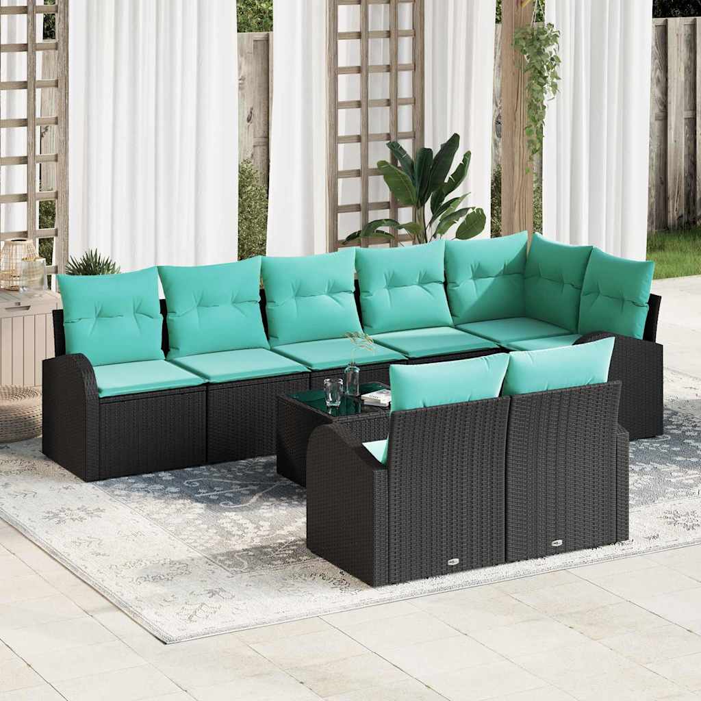 Tuinbankenset met kussen 9 pcs Zwart en Turquoise poly rattan is nu te koop bij PeponiXL, paradijselijk wonen!
