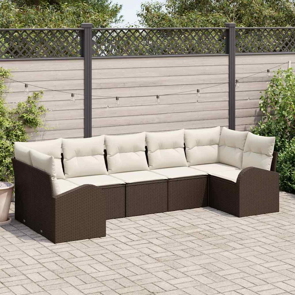 Tuinbankenset met kussen 7 pcs Bruin en wit poly rattan is nu te koop bij PeponiXL, paradijselijk wonen!