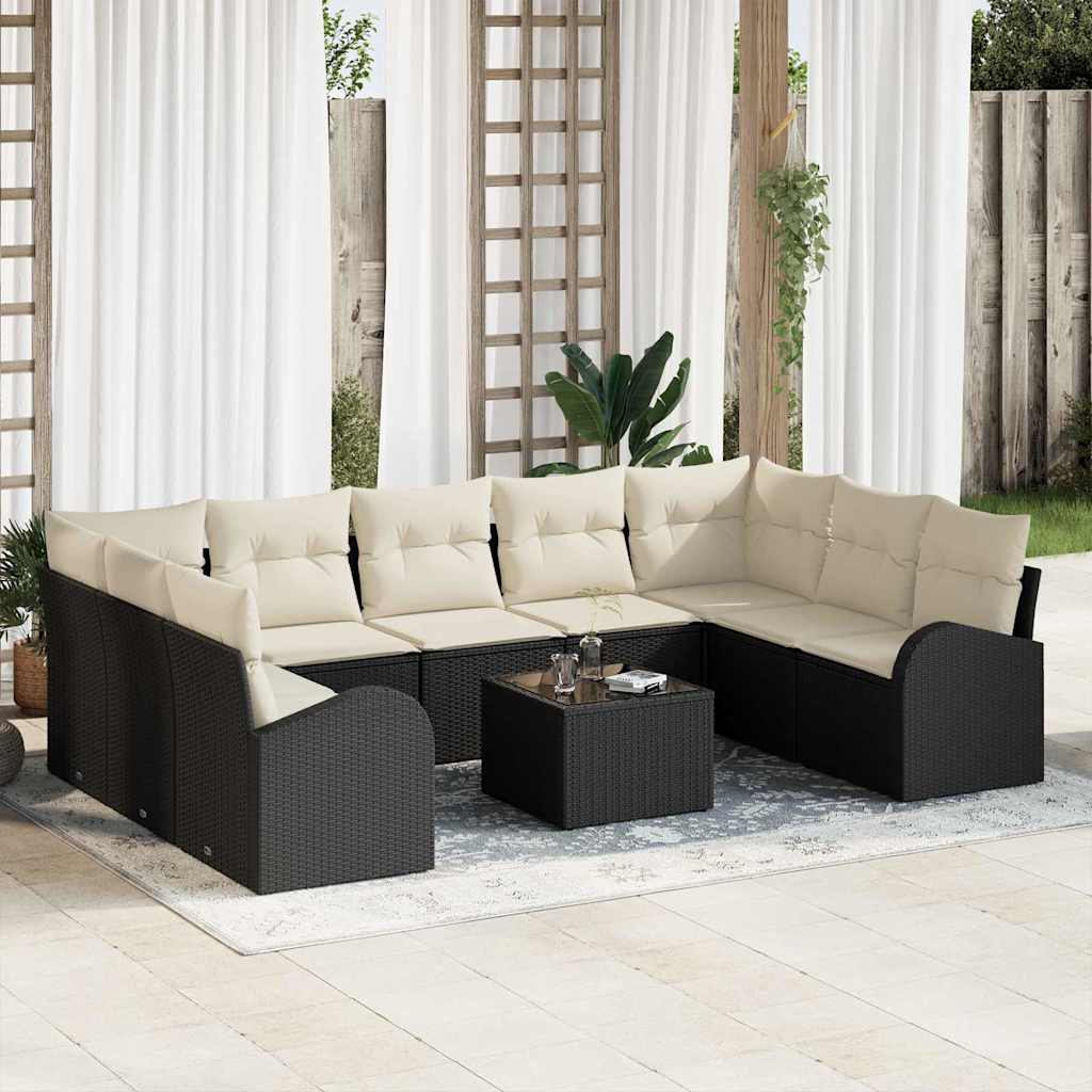 Tuinbankenset met kussen 10 pcs Zwart en Wit poly rattan is nu te koop bij PeponiXL, paradijselijk wonen!