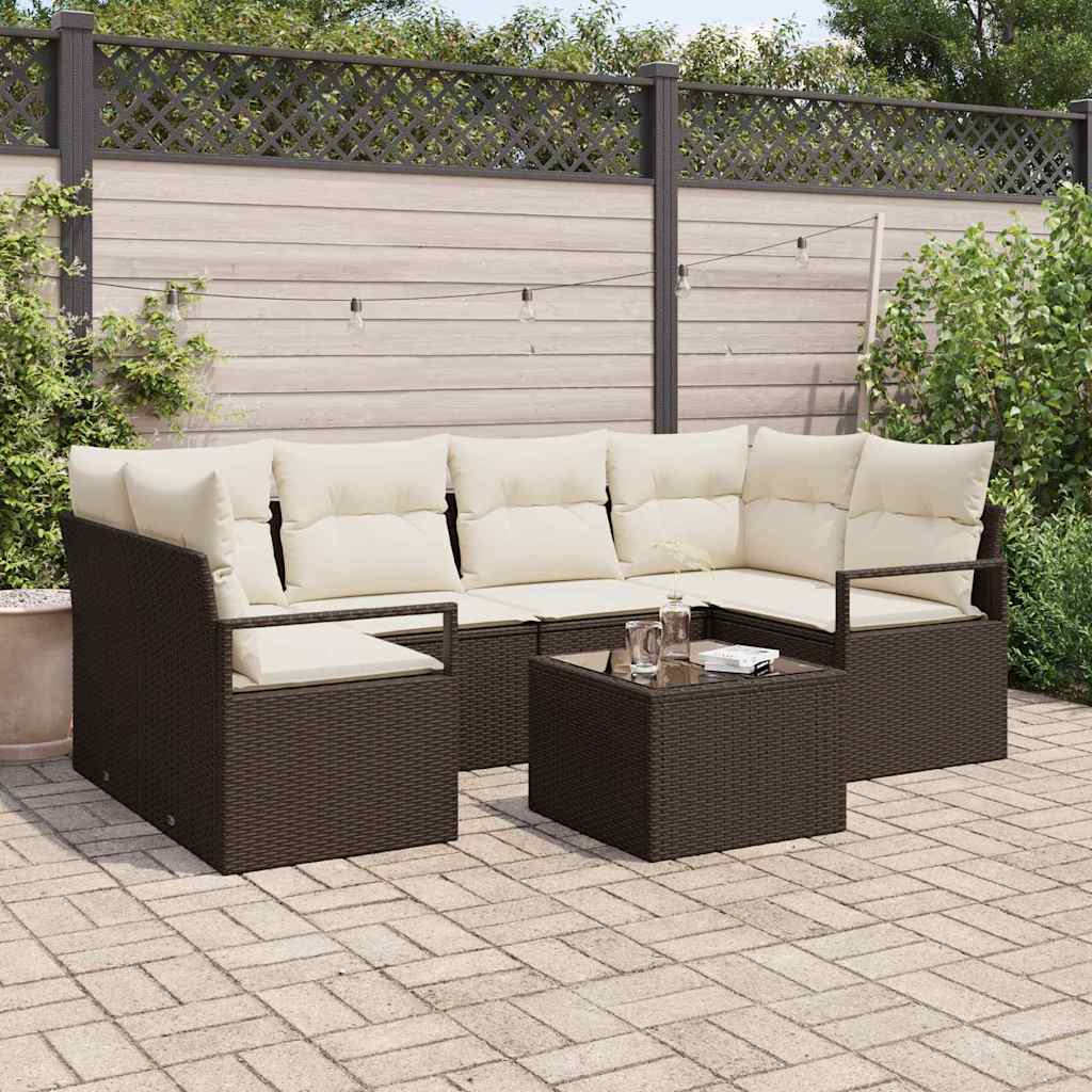 Tuin Sofa Set 7 pcs Bruin en Crème Poly rattan, staal en glas is nu te koop bij PeponiXL, paradijselijk wonen!