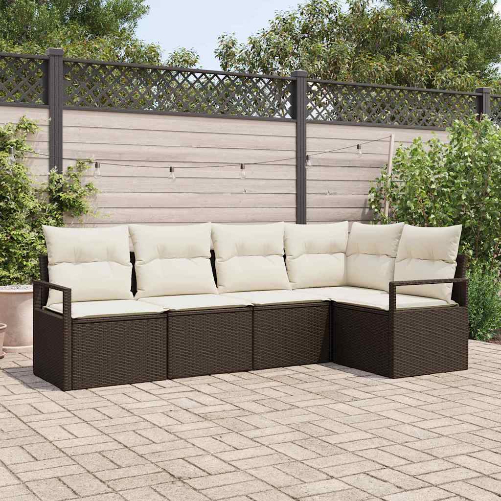 Tuinbankenset met kussen 5 pcs Bruin en wit poly rattan is nu te koop bij PeponiXL, paradijselijk wonen!