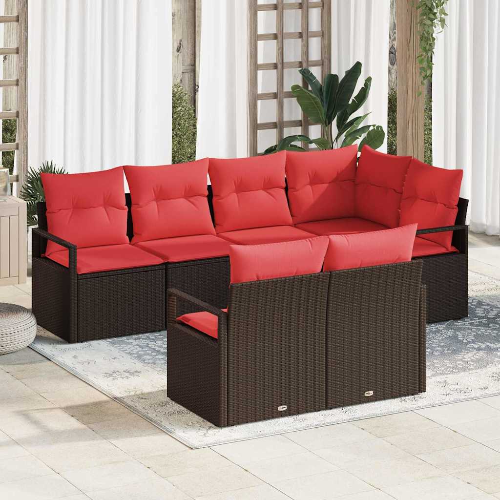 Tuinbankenset met kussen 7 pcs Bruin en Rood poly rattan is nu te koop bij PeponiXL, paradijselijk wonen!