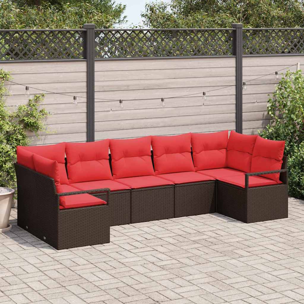 Tuinbankenset met kussen 7 pcs Bruin en Rood poly rattan is nu te koop bij PeponiXL, paradijselijk wonen!