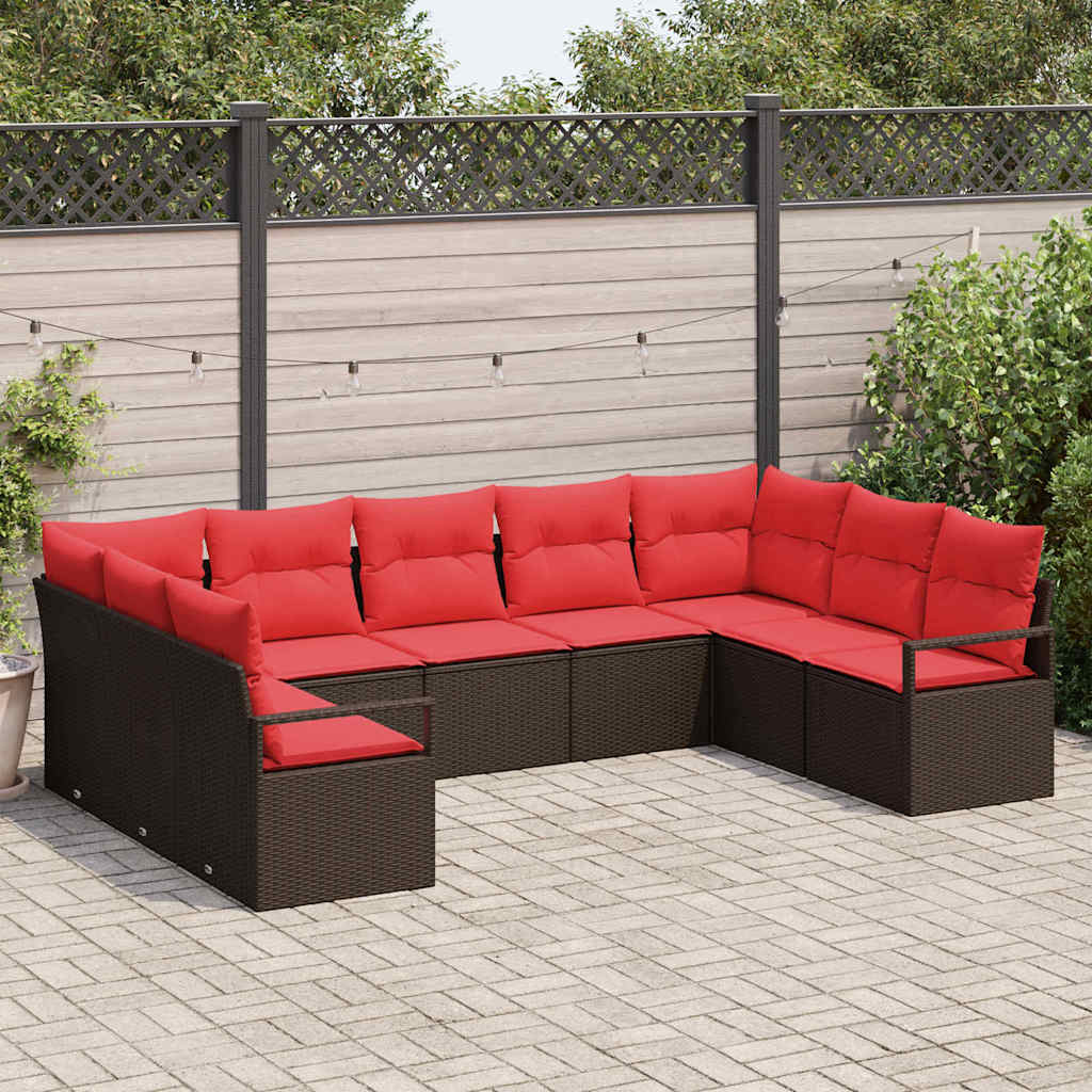 Tuinbankenset met kussen 9 pcs Bruin en Rood poly rattan is nu te koop bij PeponiXL, paradijselijk wonen!