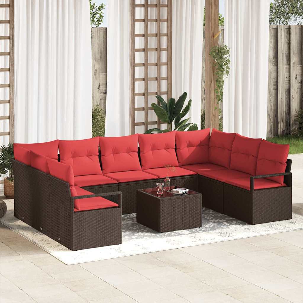 Tuinbankenset met kussen 10 pcs Bruin en Rood poly rattan is nu te koop bij PeponiXL, paradijselijk wonen!
