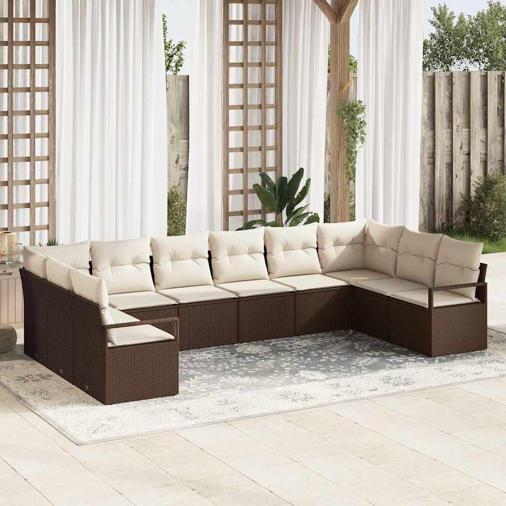 Tuinbankenset met kussen 10 pcs Bruin en wit poly rattan is nu te koop bij PeponiXL, paradijselijk wonen!