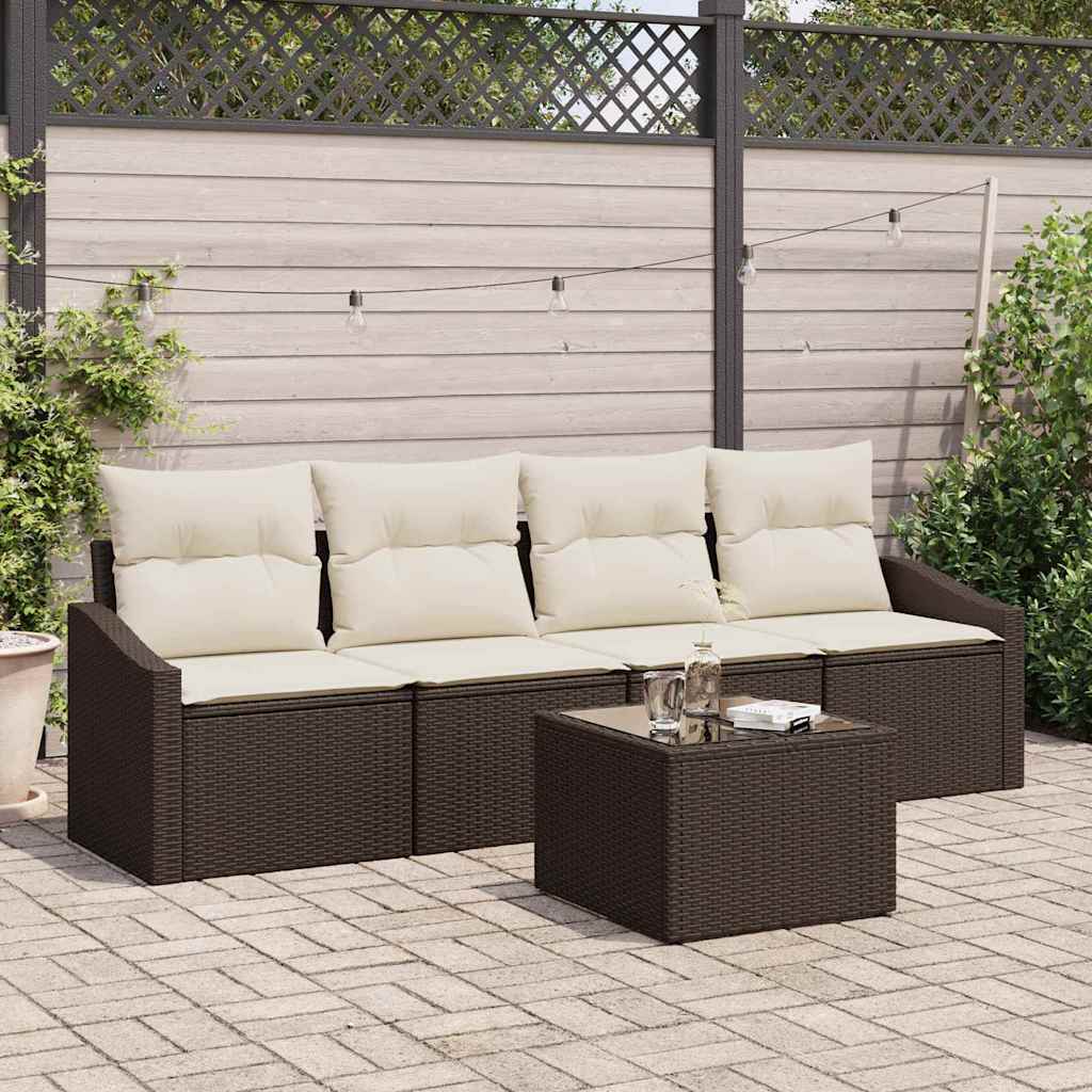 Bankstel met kussen met opslag 5 pcs Bruin en Crème poly rattan is nu te koop bij PeponiXL, paradijselijk wonen!