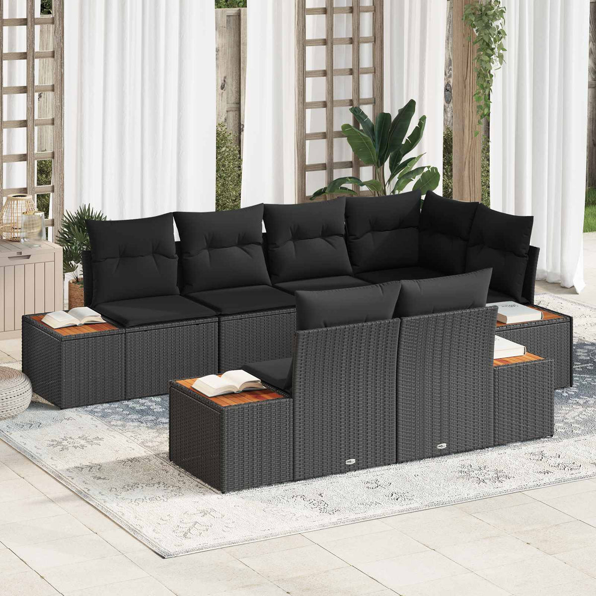 Tuinbankenset met kussen met opslag 7 pcs Zwart Polyrattan is nu te koop bij PeponiXL, paradijselijk wonen!