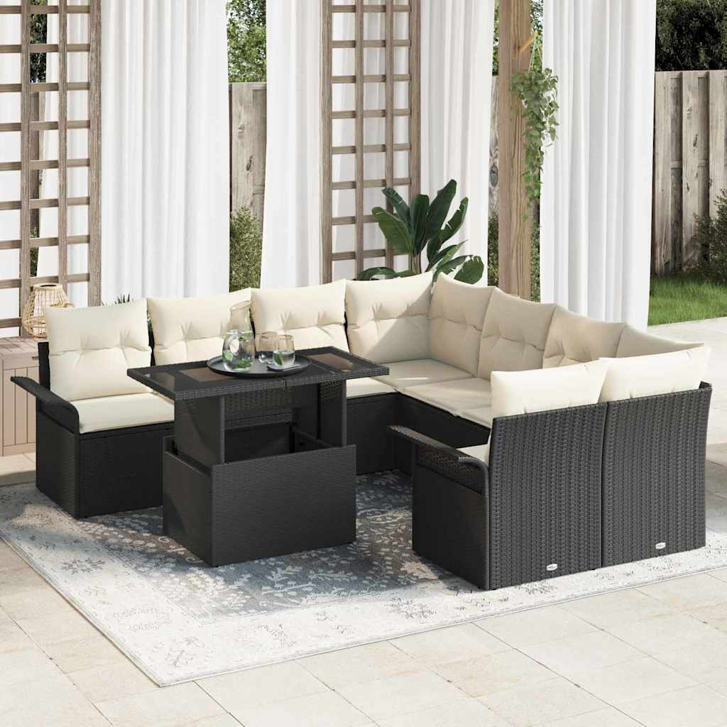 Tuin Sofa Set met kussen met opslag 9 pcs Zwart Poly Rattan is nu te koop bij PeponiXL, paradijselijk wonen!
