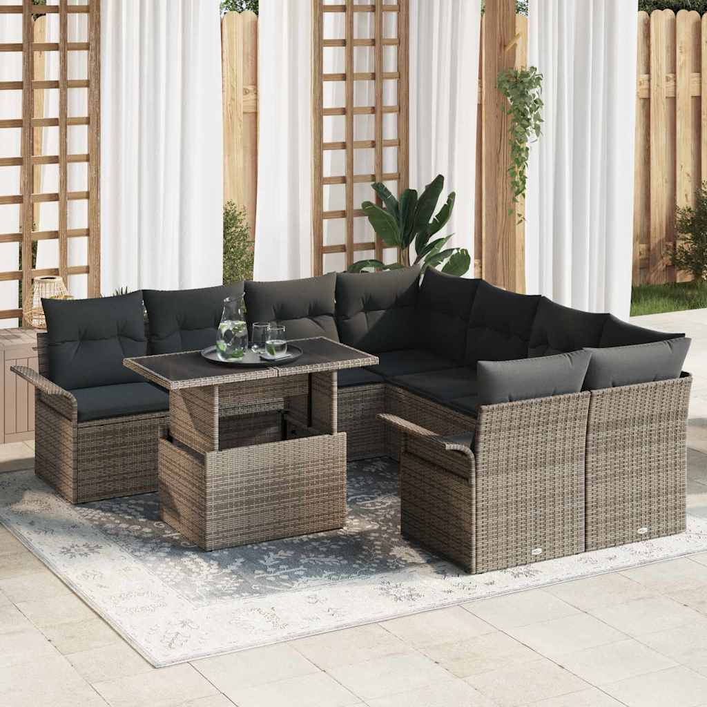 Tuin Sofa Set met kussen met opslag 9 pcs Grijs Poly Rattan is nu te koop bij PeponiXL, paradijselijk wonen!