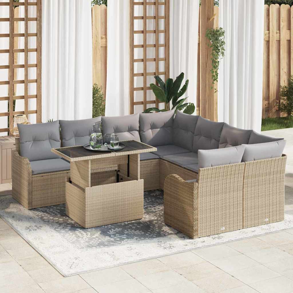 Tuinbankenset met kussen met kussen 9 pcs Beige Polyrattan is nu te koop bij PeponiXL, paradijselijk wonen!