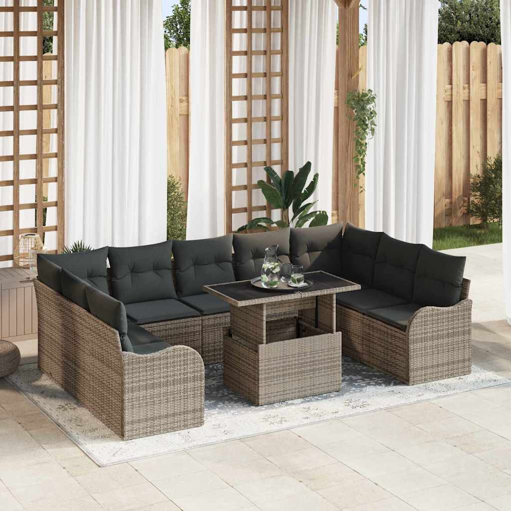 Tuin Sofa Set met kussen met kussen 10 pcs Grijs Poly Rattan is nu te koop bij PeponiXL, paradijselijk wonen!