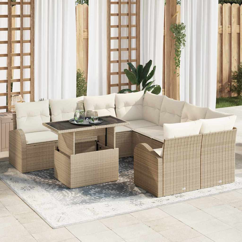 Tuin Sofa Set met kussen met opslag 9 pcs Beige Poly Rattan is nu te koop bij PeponiXL, paradijselijk wonen!