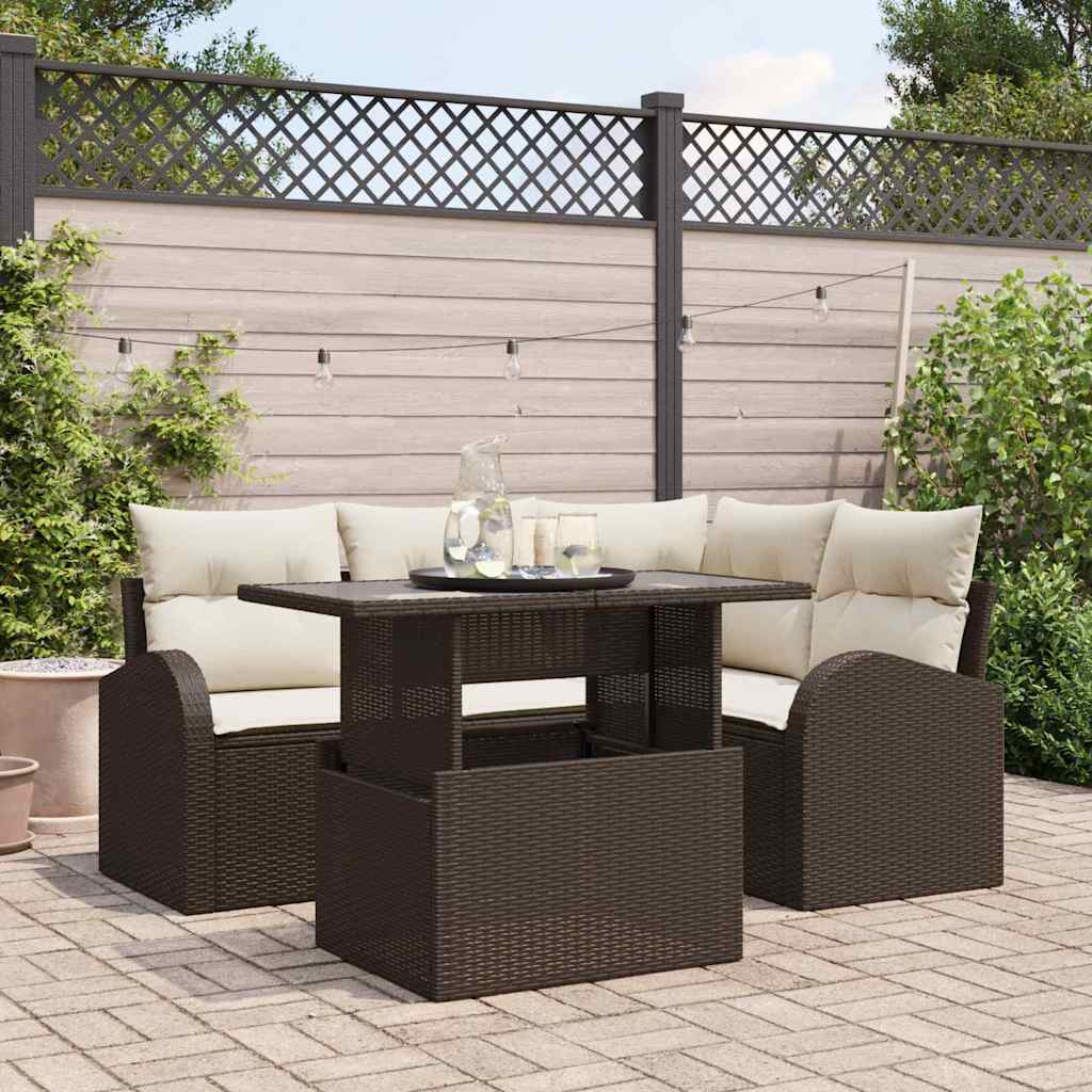 Tuin Sofa Set met kussen met opslag 5 pcs Bruin Poly riet is nu te koop bij PeponiXL, paradijselijk wonen!
