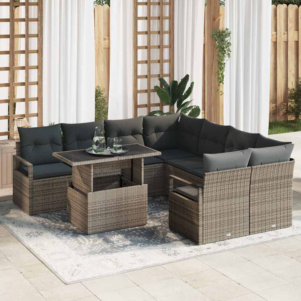 Tuin Sofa Set met kussen met opslag 9 pcs Grijs Poly riet is nu te koop bij PeponiXL, paradijselijk wonen!