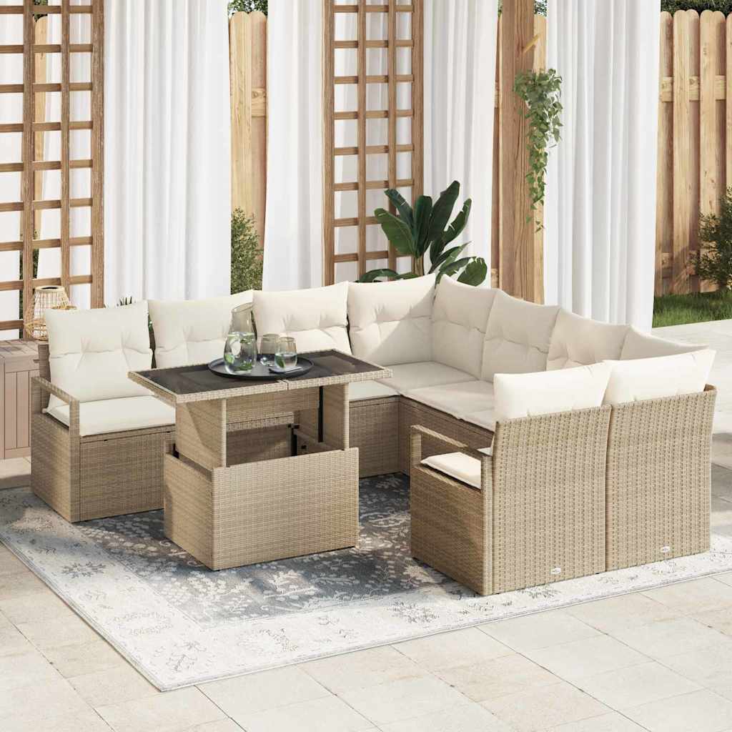 Tuin Sofa Set met kussen met opslag 9 pcs Beige Poly riet is nu te koop bij PeponiXL, paradijselijk wonen!
