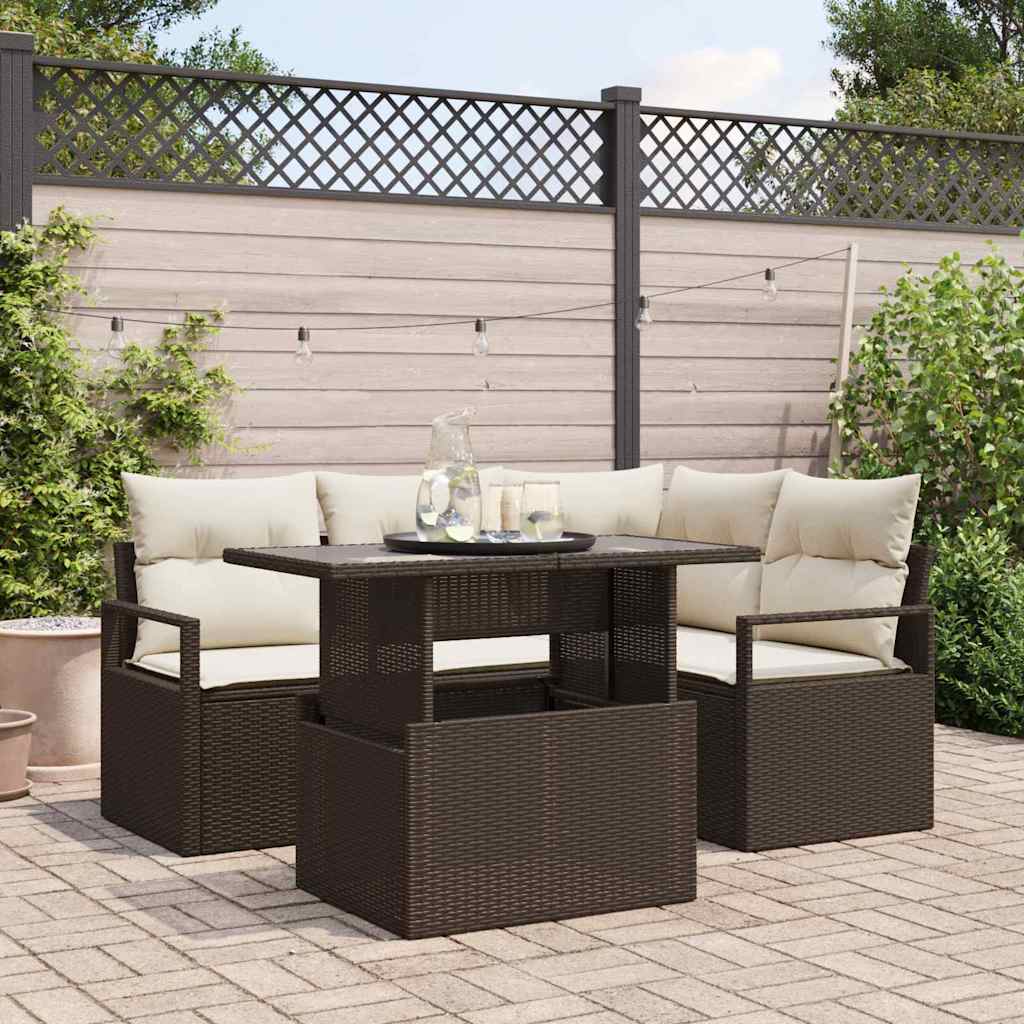 Tuin Sofa Set met kussen met opslag 5 pcs Bruin Poly riet is nu te koop bij PeponiXL, paradijselijk wonen!