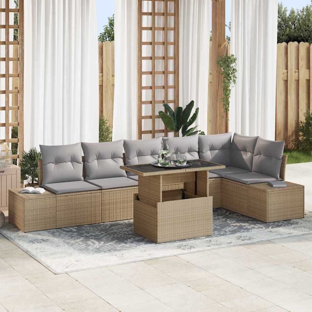 Tuin Sofa Set met opslag 7 pcs Beige Poly riet is nu te koop bij PeponiXL, paradijselijk wonen!