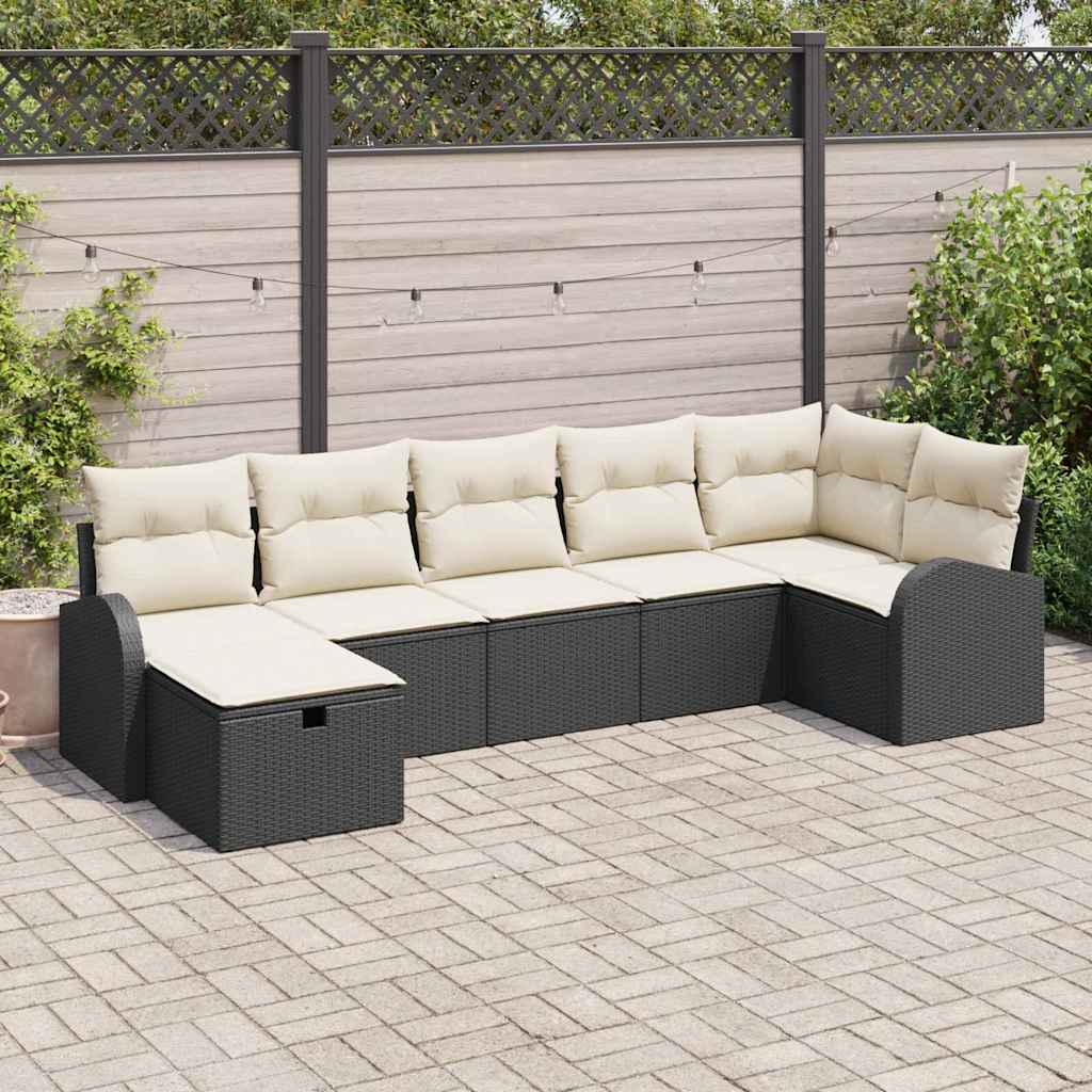 Bankstel met kussen met opslag 7 pcs Zwart en Crème poly rattan is nu te koop bij PeponiXL, paradijselijk wonen!