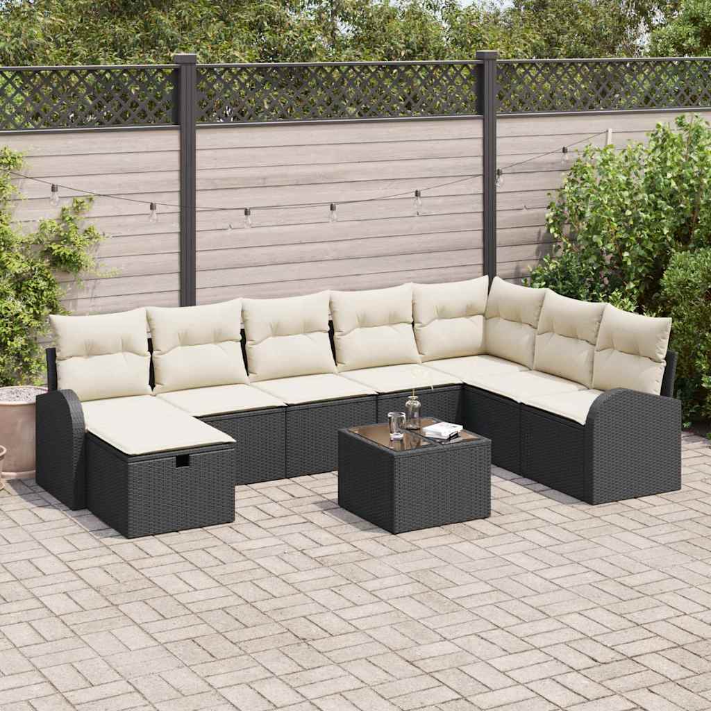 Bankstel 9 st Zwart en crème poly rattan is nu te koop bij PeponiXL, paradijselijk wonen!