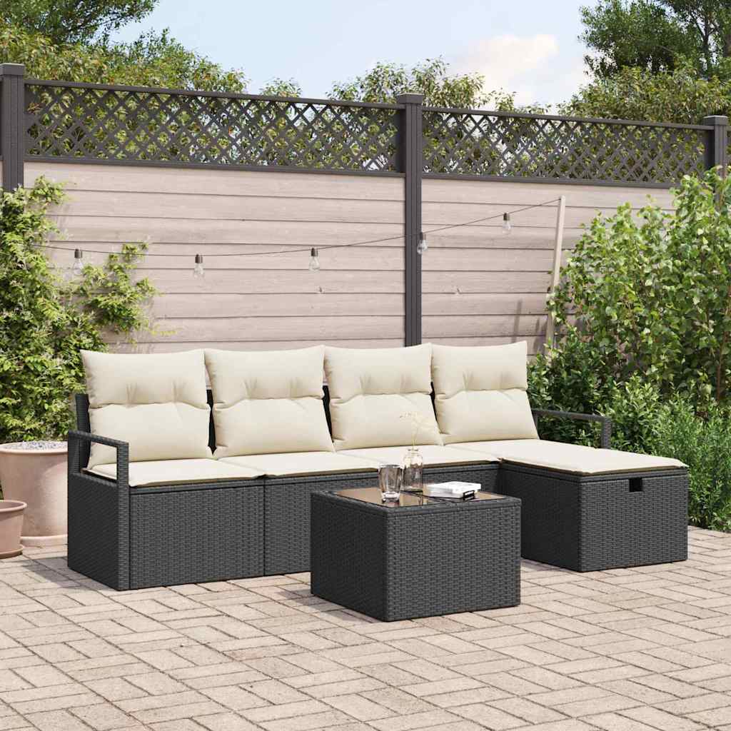 Bankstel met kussen met opslag 6 pcs Zwart en Crème poly rattan is nu te koop bij PeponiXL, paradijselijk wonen!