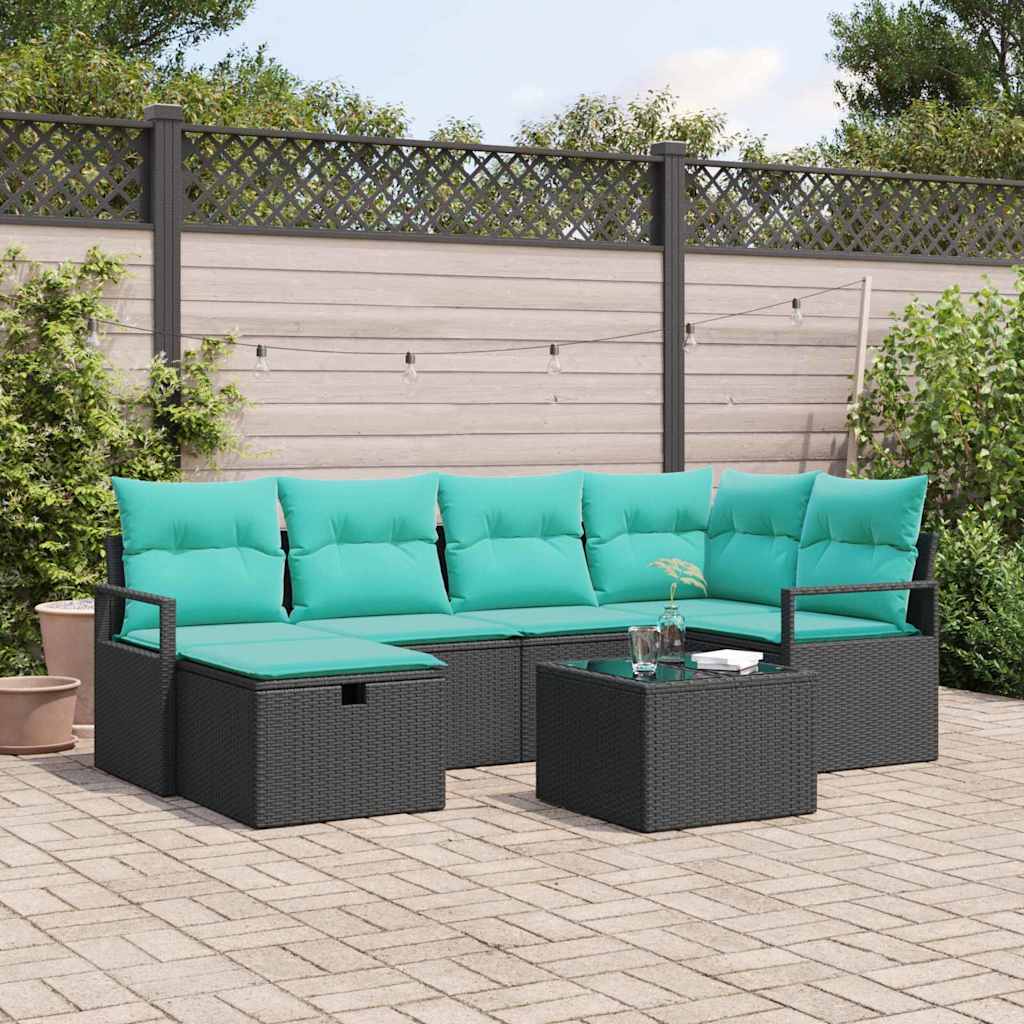 Bankstel met kussen 7 pcs Zwart en Turquoise poly rattan is nu te koop bij PeponiXL, paradijselijk wonen!