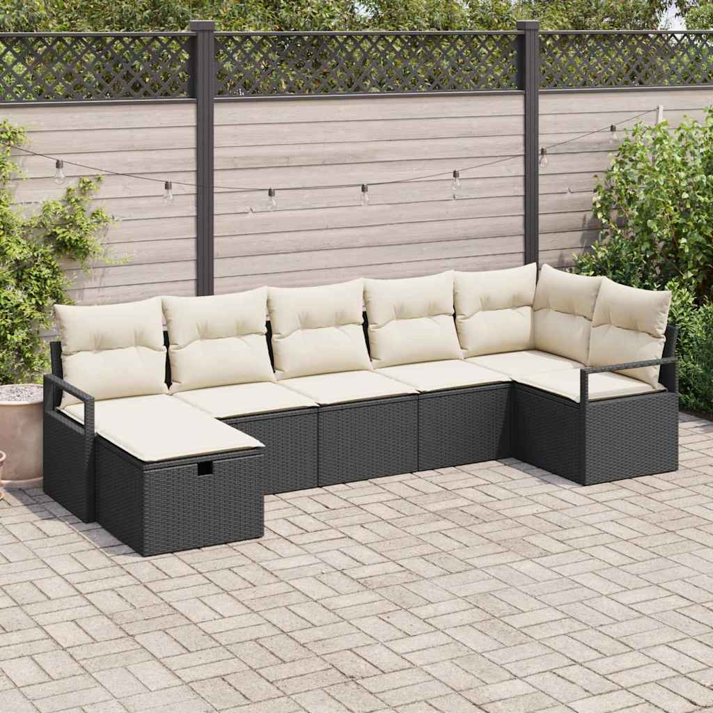 Bankstel met kussen met opslag 7 pcs Zwart en Crème poly rattan is nu te koop bij PeponiXL, paradijselijk wonen!